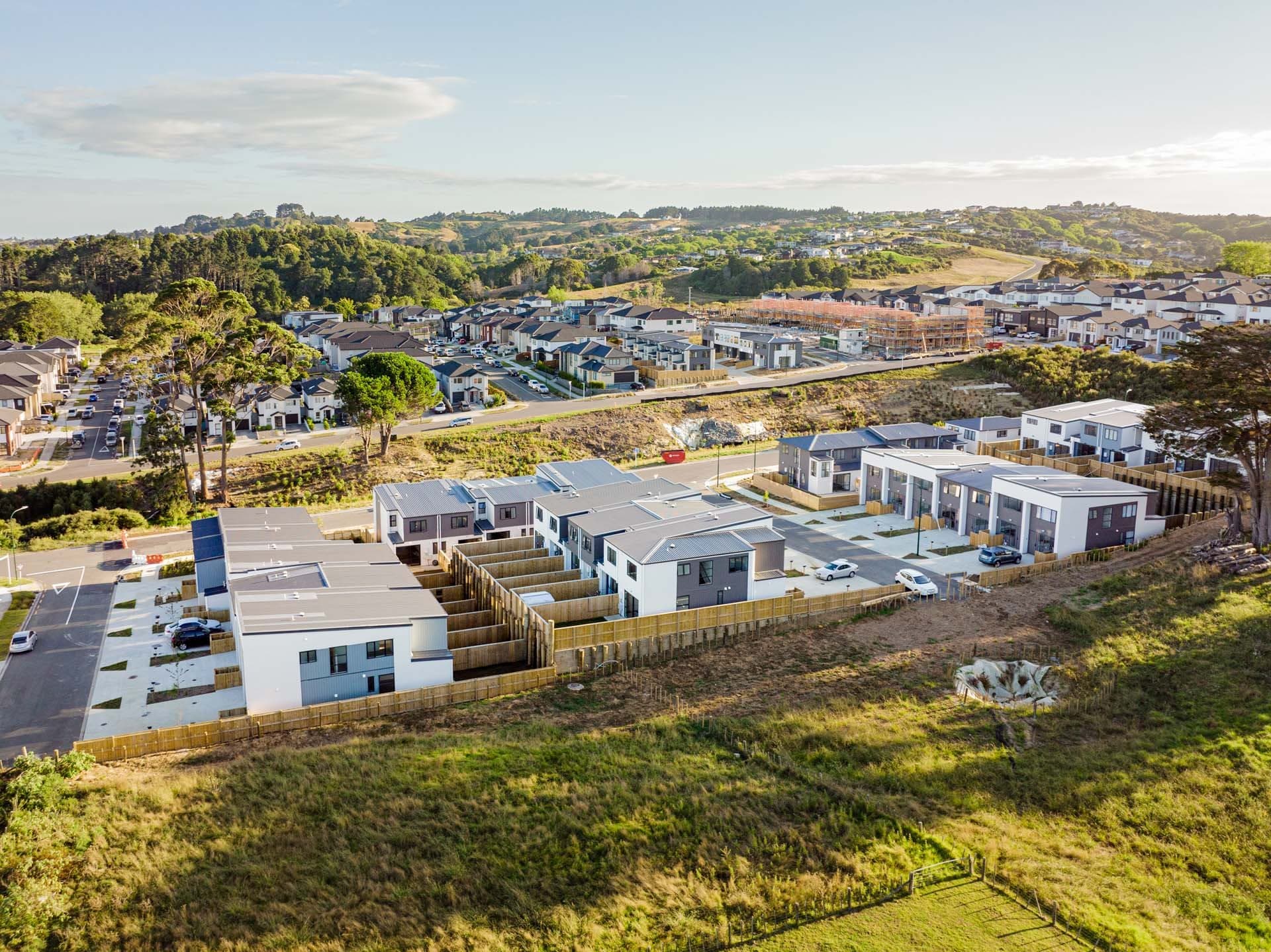 Aerial view of a completed Westcott community in Flat Bush, Auckland