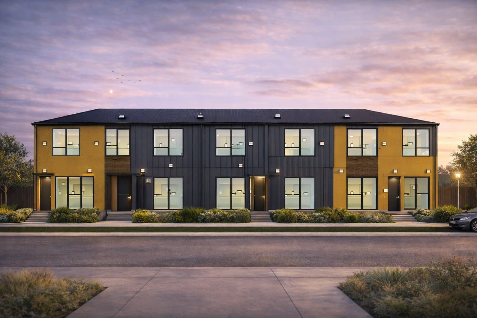 Render of brick Westcott townhouses at 395 Ormiston Road at dusk
