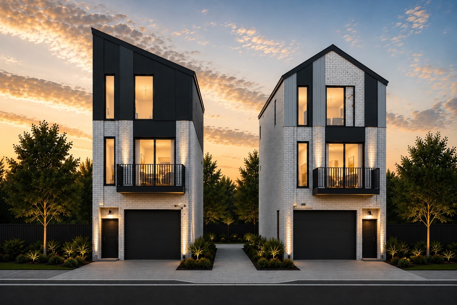 Render of Westcott standalone homes with white-brick facades at sunset