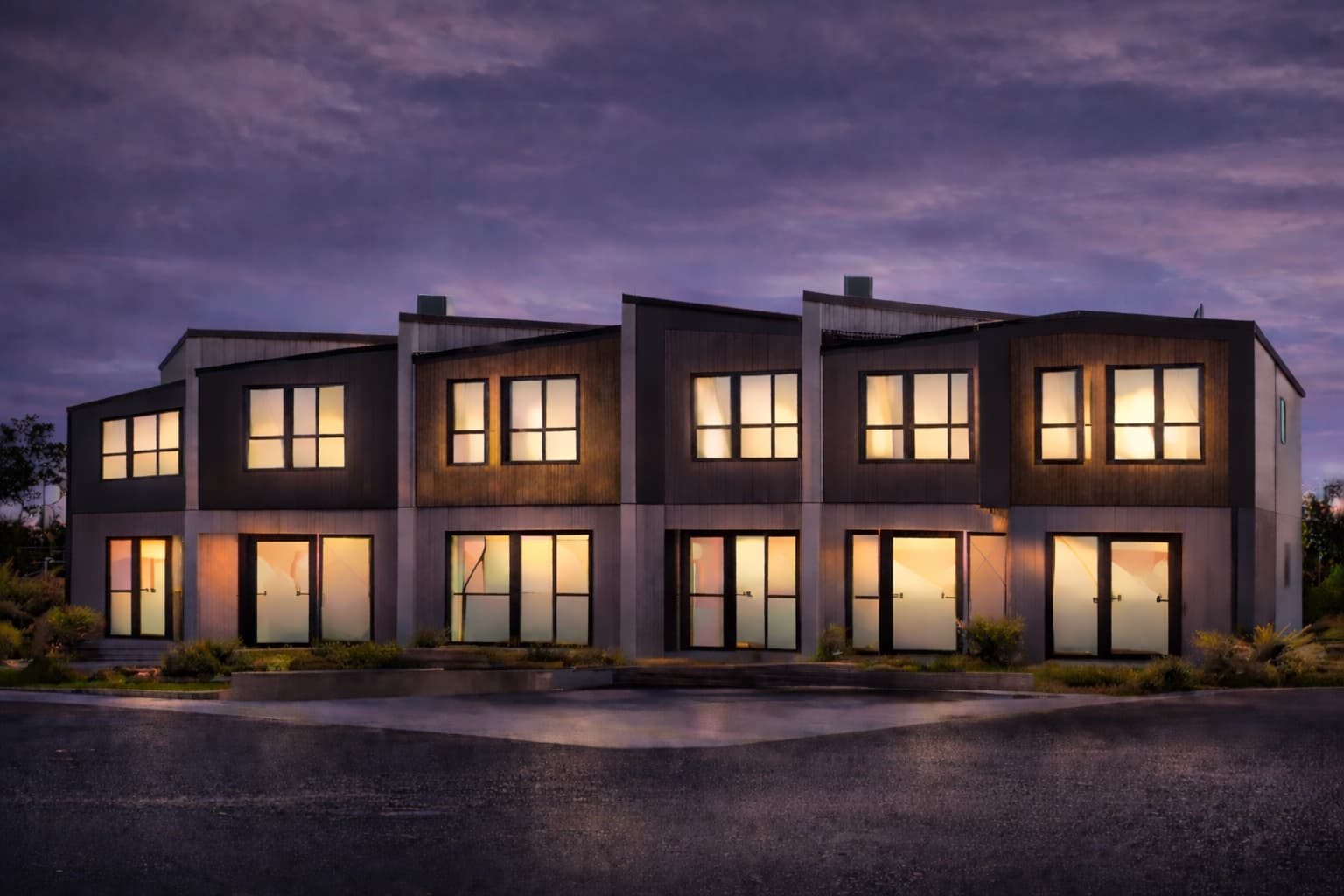 Render of a row of Westcott townhouses at dusk